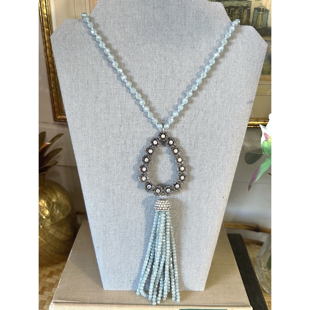 Gray Rhinestone beaded necklace with a teardrop-shaped pendant & Beaded tassels